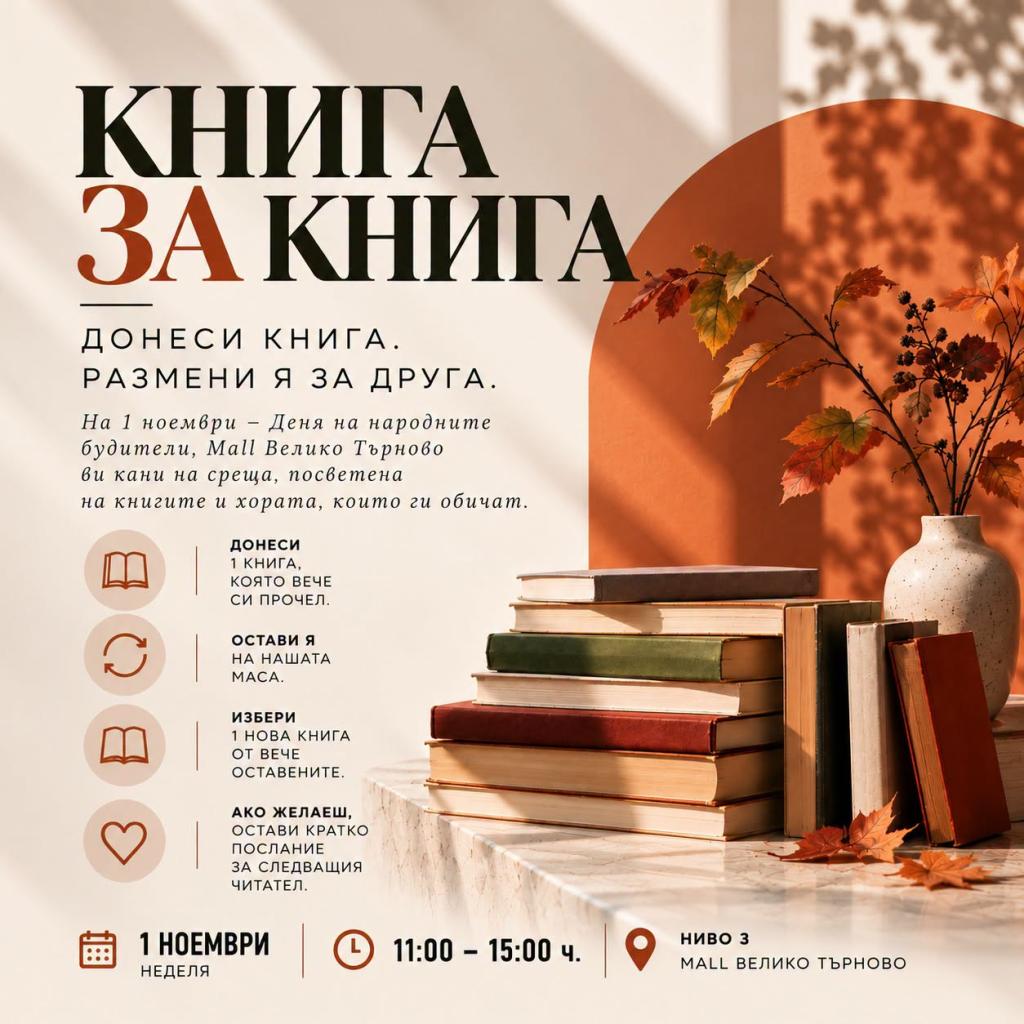 „Книга за книга“: Великотърновци ще разменят любими четива в мола за Деня на будителите